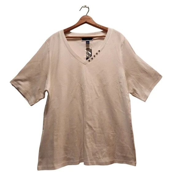Karen Scott Shirt Womens Size 2X White Knit 100% Cotton Button V Neck Pullover - Picture 1 of 7
